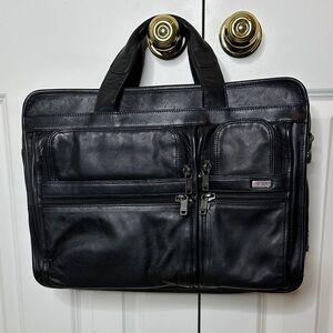 Tumi Alpha Leather Expandable Organizer Briefcase Black Laptop Bag